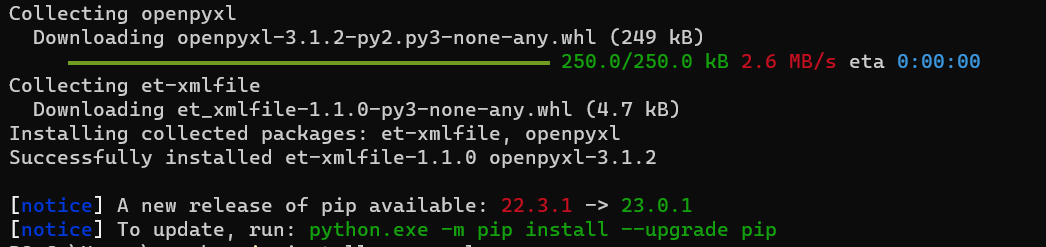 OpenPyXLインストール成功メッセージ例