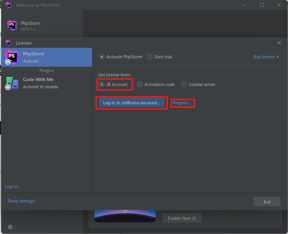 PhpStormを起動しJetBrainsアカウントでログイン